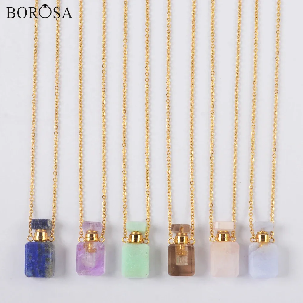 

Golden Rectangle Natural Stone Perfume Bottle Necklace Diffuser Amethysts Lapis Agates Essential Oil Bottle for Women Chain