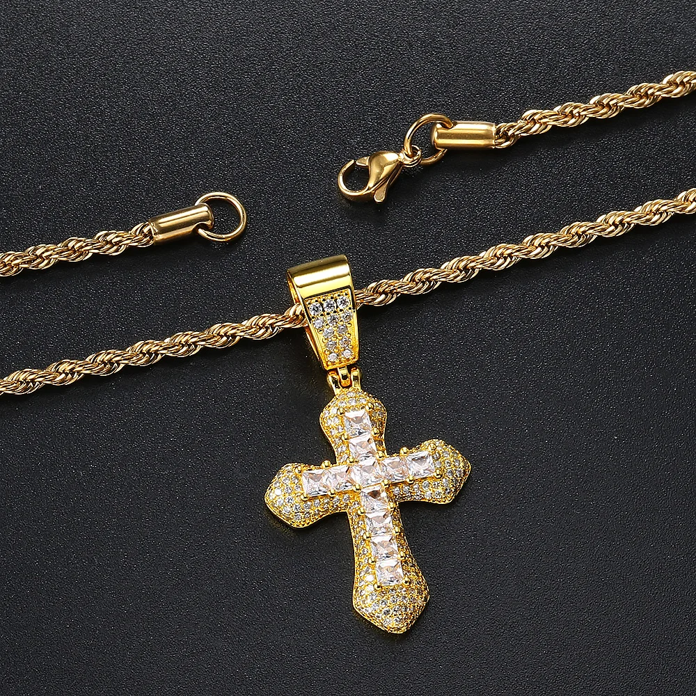 Hip Hop Kreuz Halskette für Männer aaa + Zirkonia vereist Anhänger Goldfarbe Edelstahl Seil Kette auf Hals Schmuck ohp141 – Detail 7