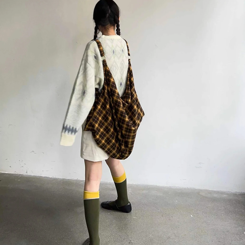 Korean Fashion Vintage Plaid Handbags Women Harajuku Tote Bags Casual Y2k Aesthetic Bags Korean Outfits Travel Bag