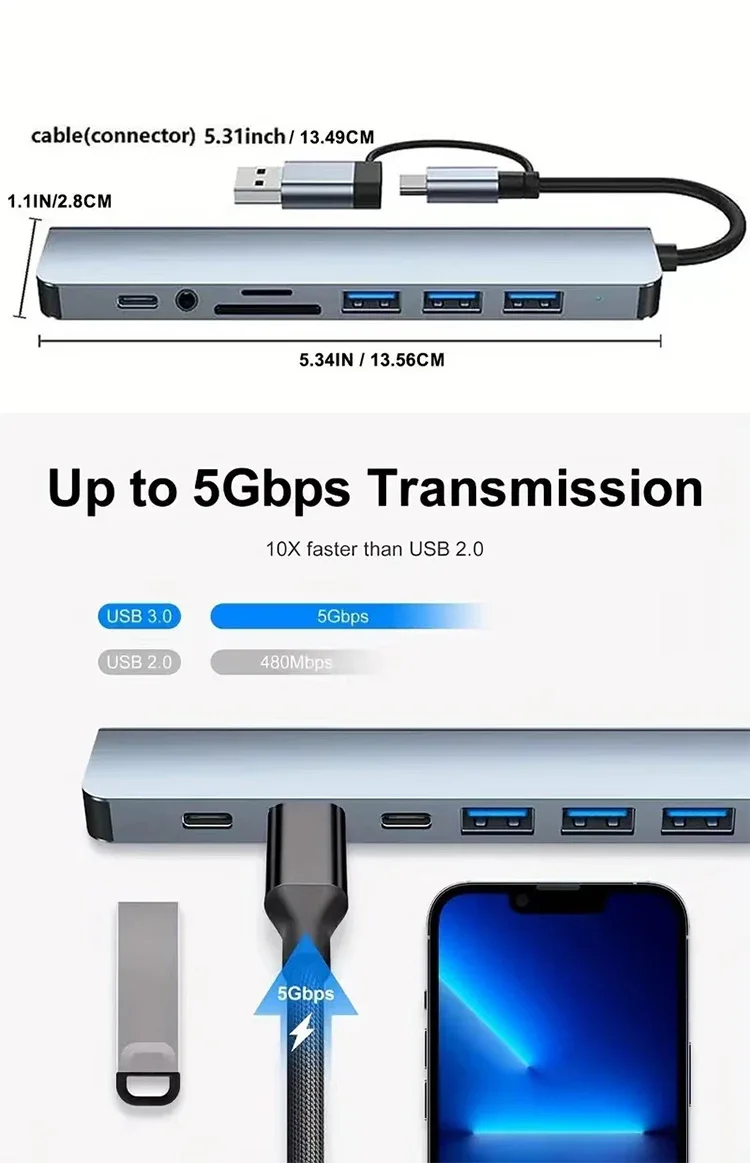 8-in-1 Usb-c Hub With Sd Tf Card Reader And Usb Port For Laptop_voghion.com