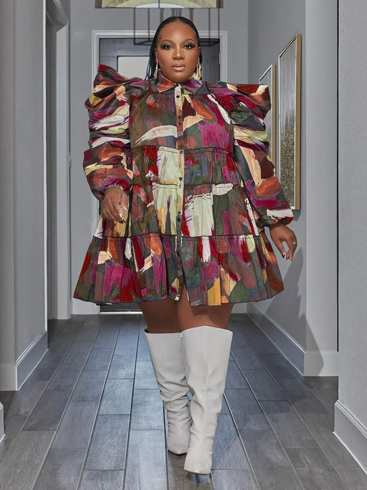 Wmstar Plus Size Dresses for Women Puff Long Sleeve Casual Printed Cute Ball Gown Shirts Party Midi Dress Wholesale Dropshipping