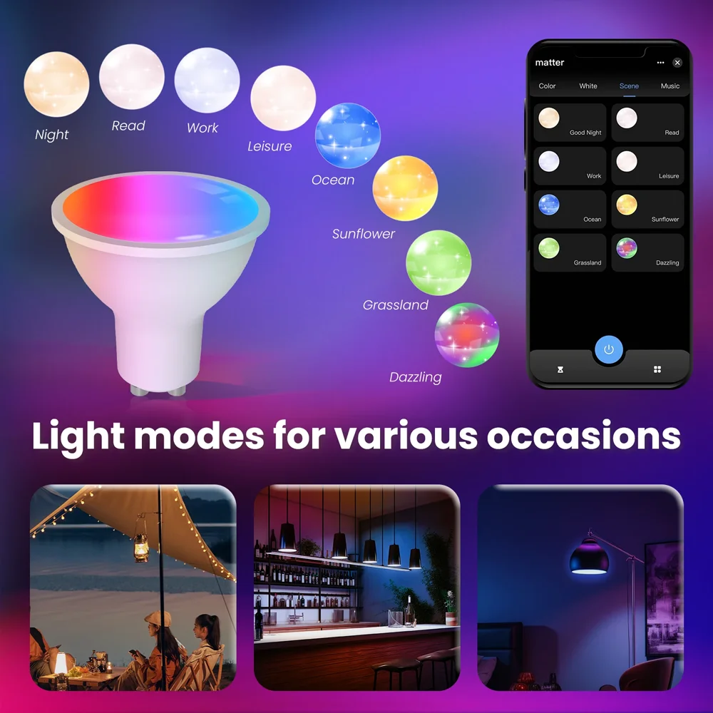 투야 매터 와이파이 16색 RGB C+W 전구 E27 E14 GU10 가정용 조명 디밍 가능 LED 캔들 램프 음성 제어 알렉사 구글 홈