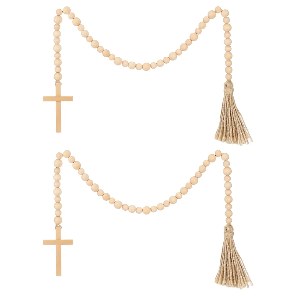 

Wood Beads Garland Tassels Farmhouse Rustic Wooden Bead String Blessed Cross Wood Beaded Banner Boho Prayer Beaded Garland