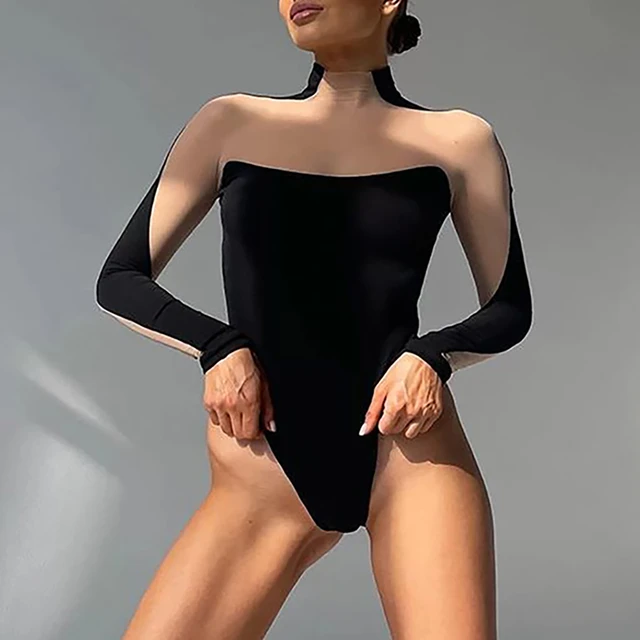 Black V Neck Bodysuit Long Sleeve  Black Thong Bodysuit Long Sleeve -  Women Long - Aliexpress