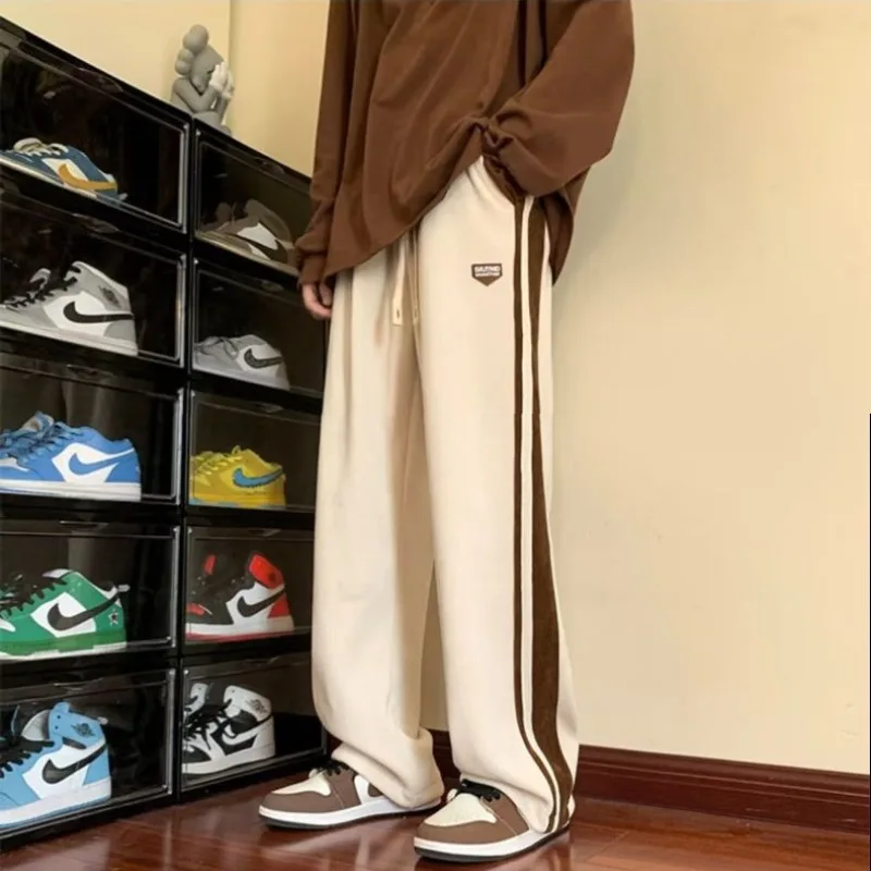 American Style Autumn Casual Pants Men's Corduroy Elastic Waist Drawstring Pocket Striped High Street Loose Straight Trousers