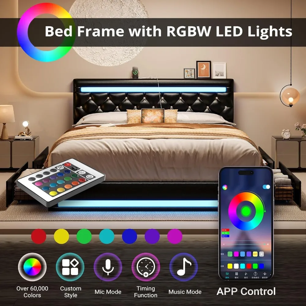 Bed Frame Full Size Bed Frame with LED Light, PU Leather Platform Bed Frame with 4 Drawers, Adjustable Crystal Button Tufted Headboard