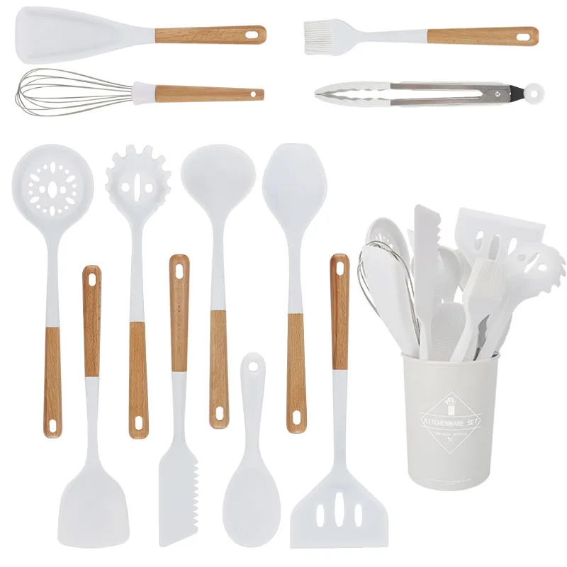 Utensilios Cocina Juego Silicona Kit 13 Piezas Mango Bambú