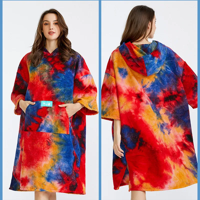 

Microfiber Tie-dye Cloak Wetsuit Changing Bathrobe Beach Poncho Towel Outdoor Absorbent Quick -drying Hooded Bath Towels