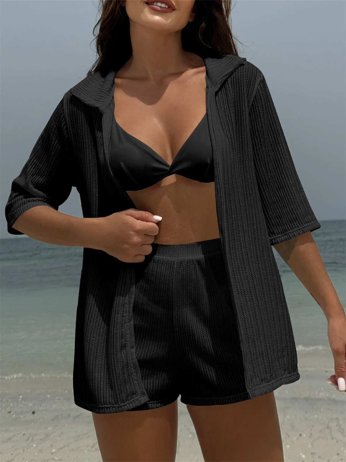 Summer 4 Piece Bikinis Sets Women Black White Mesh Half Sleeve Cover Up with High Waist Panties Swimsuit Bathing Suit Swimwear