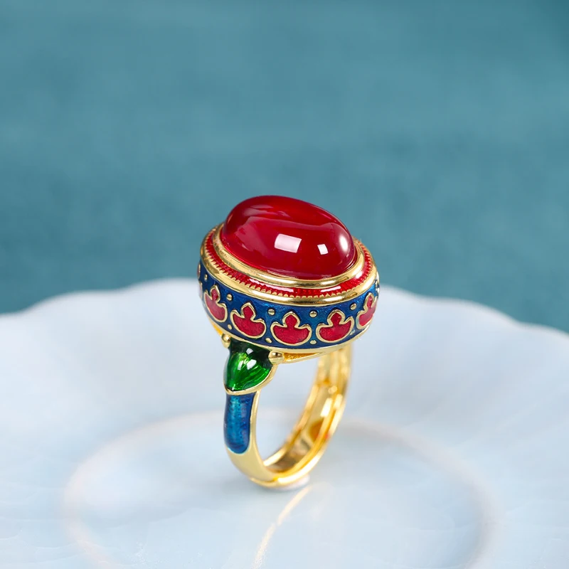 Original ancient gold craftsmanship natural carnelian rings for women flower enamel national style light luxury Wedding jewelry wedding rings golden ring gold rings