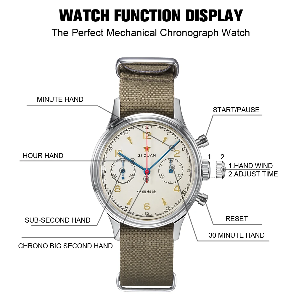 RED STAR 38mm Men's 1963 Chronograph Mechanical Watch Pilot with Seagull Movement ST1901 Air Force Aviation Sapphire Goose 40mm 4
