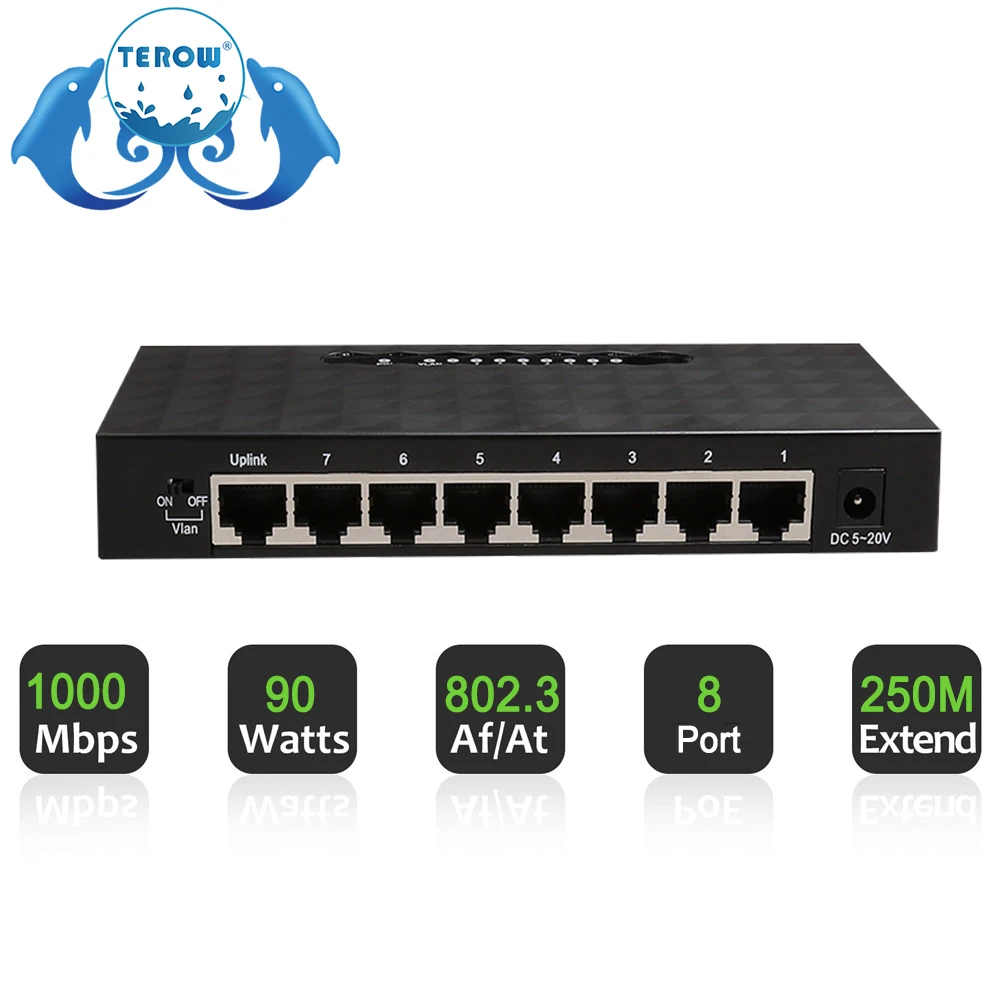 

Коммутатор Gigabit TEROW Link TE197 8 Порт 100/1000 Мбит/с 8 Быстрый Ethernet коммутатор с VLAN источник питания для камеры
