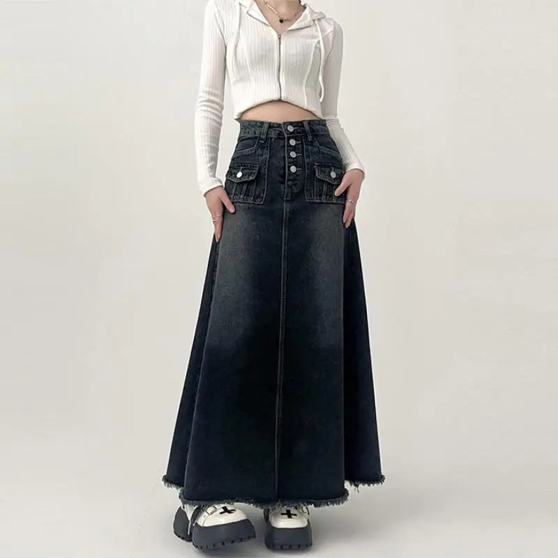 High-waisted Cargo Denim Skirt Women's Autumn Long A-line Mid-length Skirt  Retro Raw Edge Y2k Female Clothing Korean Style 6