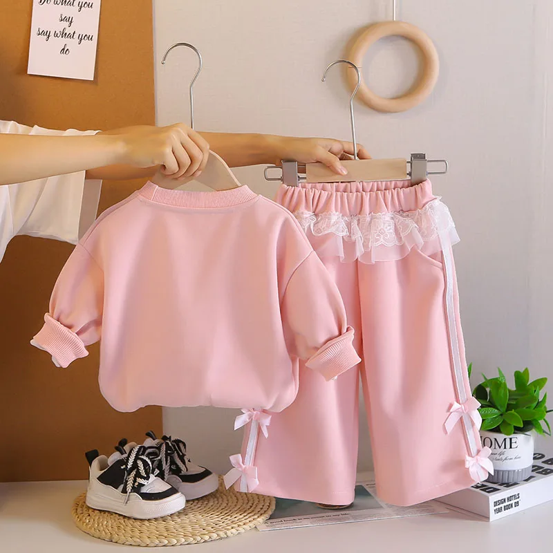 Girls Autumn Hoodie Set Lace Bow Pullover Pants