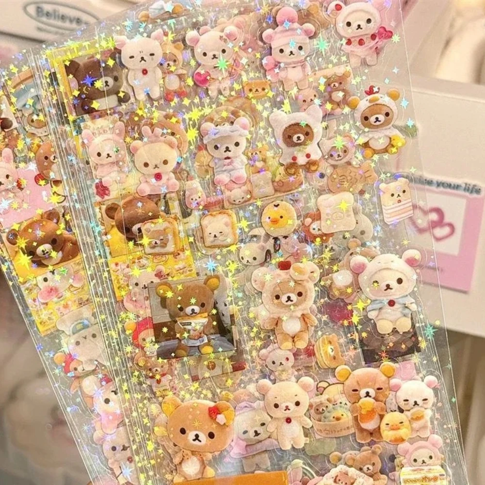 5PCS Cartoon Cute Hello Kitty Rilakkuma Stickers Die-cutting Anime Handbooks Material Flashing Laser Kid Toy