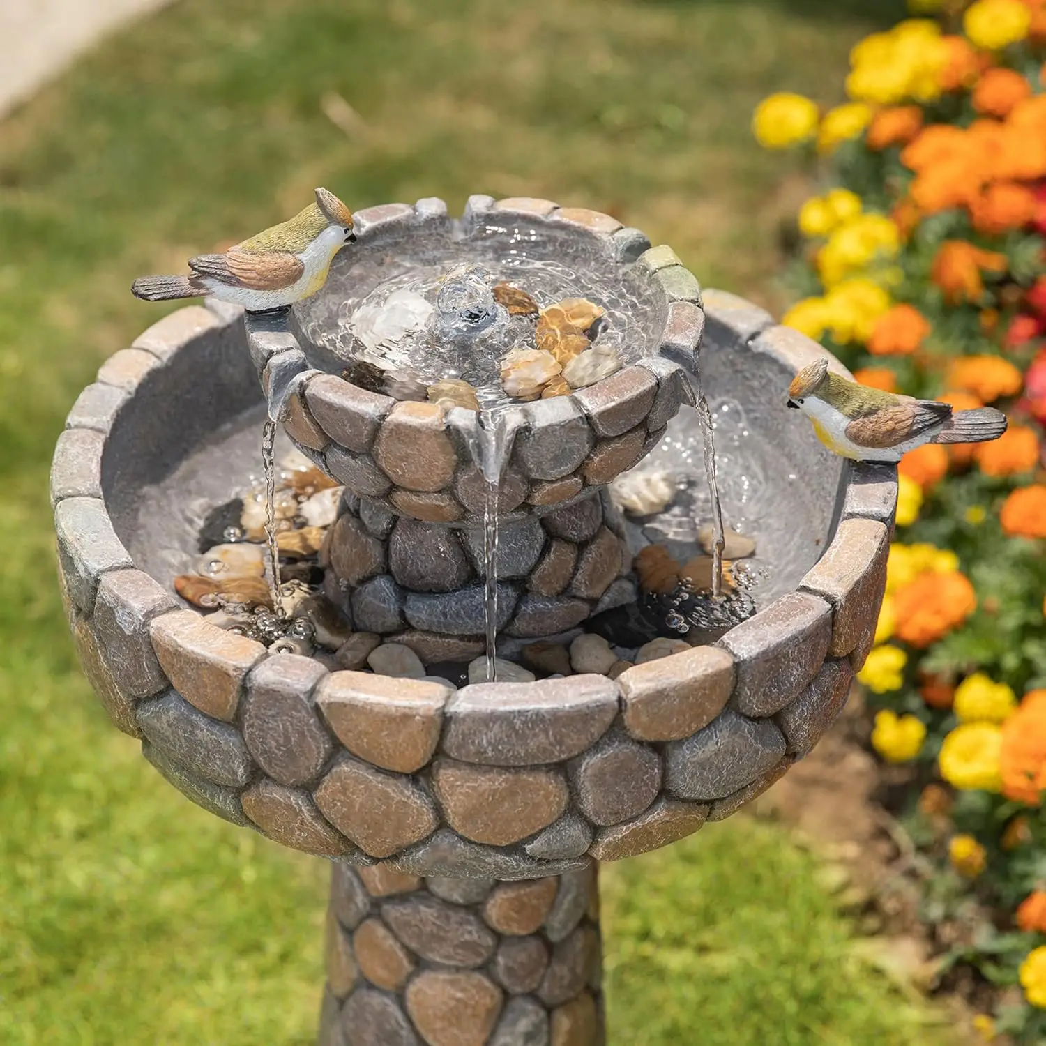 Tier Stone Like Outdoor Water Fountain with Birds, Bird Bath Outdoor Waterfall Fountain Decor, Freestanding Water