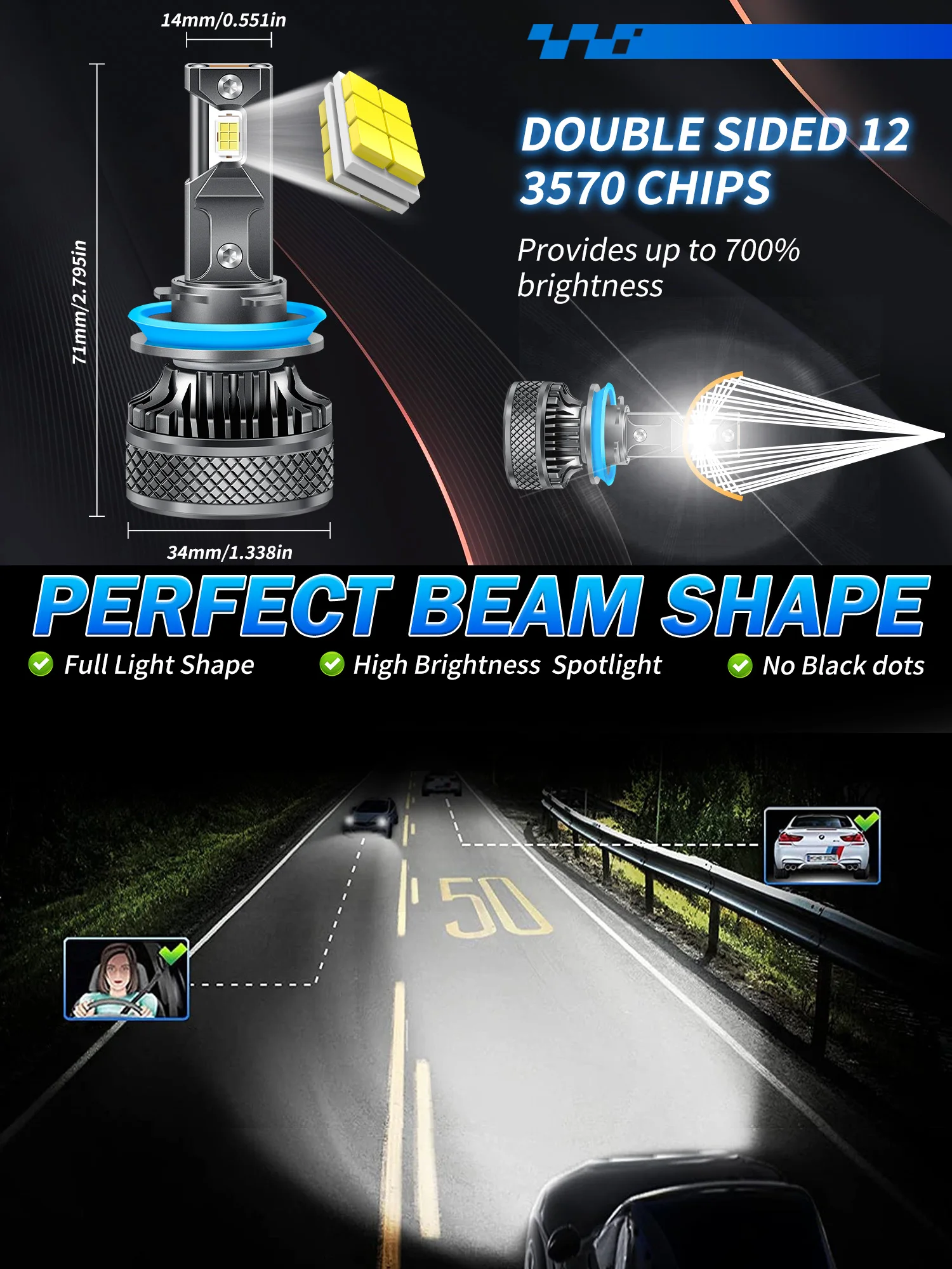 SENROBO 고출력 LED 헤드라이트 전구, 150W, H4, H11, 자동 조명, 9012 H1, 9005, 9006, 30000LM, LED 안개등, 2 팩