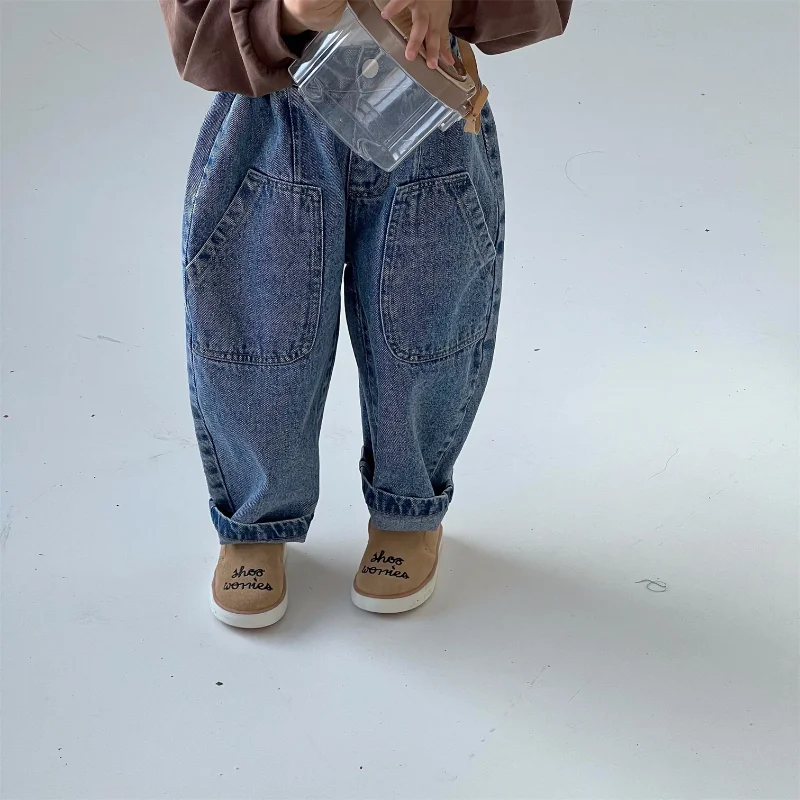 

Spring Boys and girls solid color loose harem denim pants Unisex children casual all-match jeans