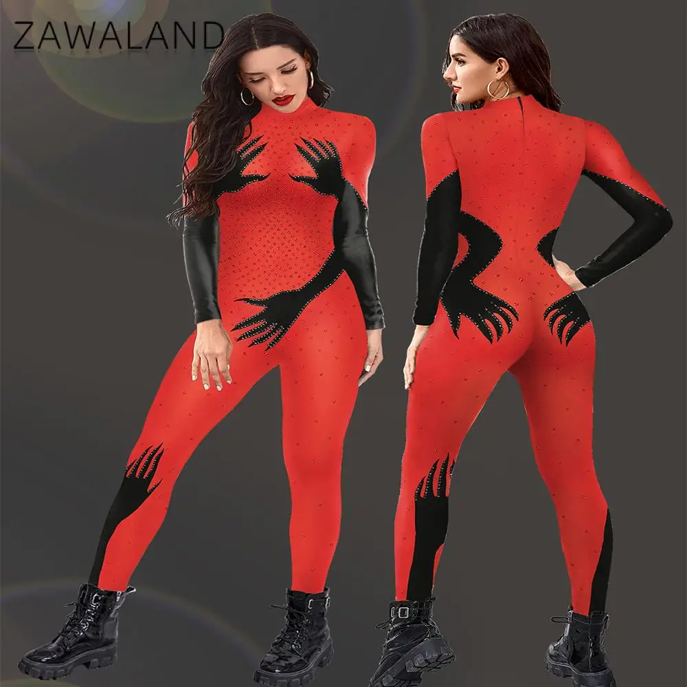

Zawaland Red Shinny Women Jumpsuit Tight Bodysuit Halloween Funny Cosplay Costume Carnival Adult Clothing Stage Performance Muje
