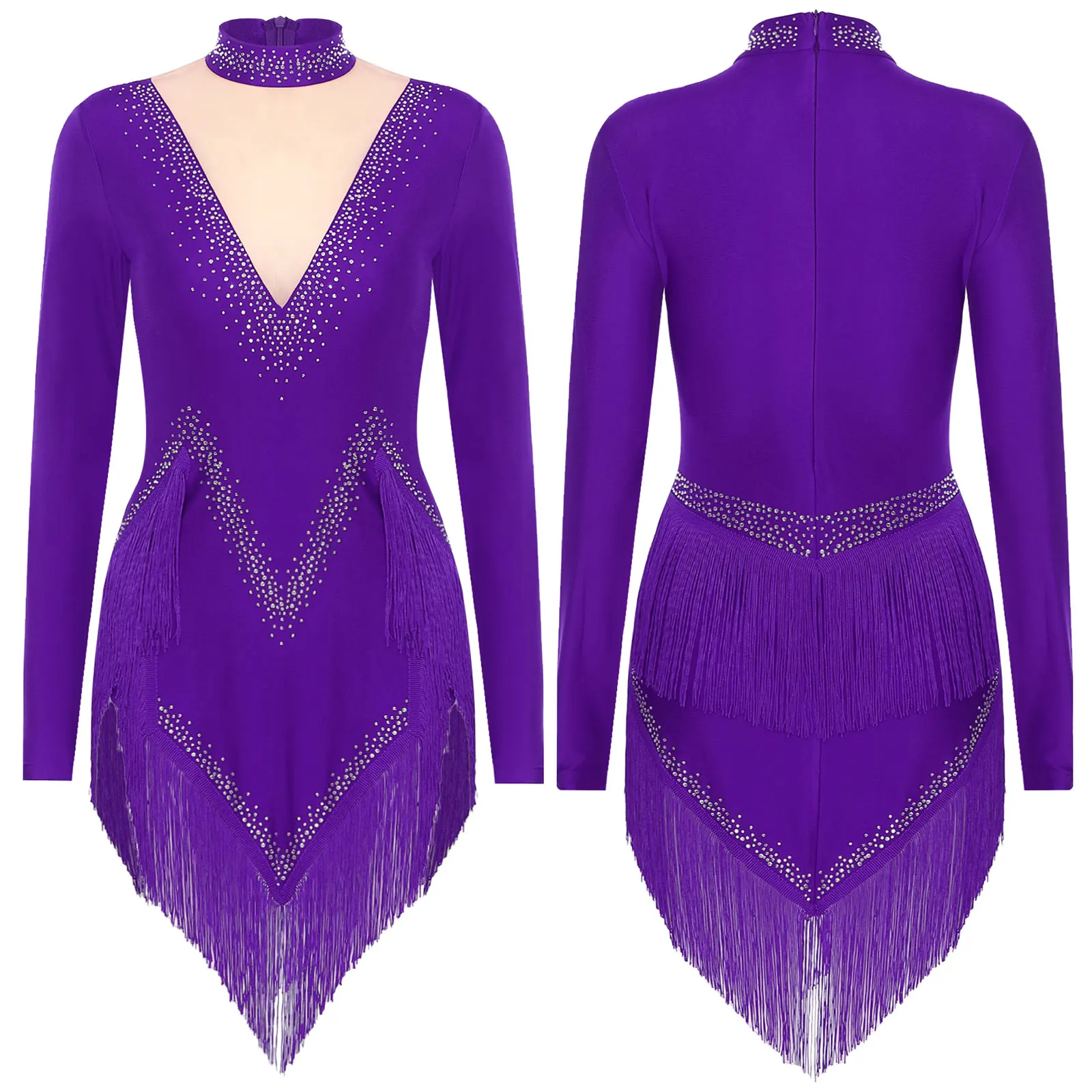 thumbnail image 1 of Vestidos de baile latino con borlas de diamantes de imitación brillantes para mujer, traje de actuación de patinaje artístico, vestido de dobladillo Irregular de manga larga, 1 of 5