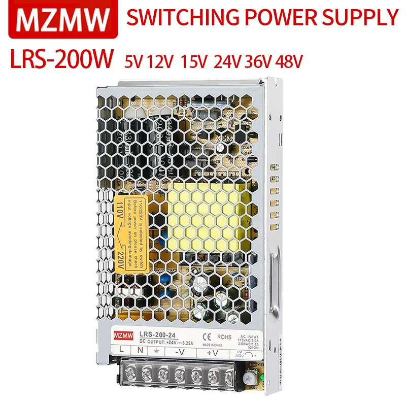 

MZMW LRS-200 Switching Power Supply 200W Single Output AC 100-240V DC 5V 12V 15V 18V 24V 36V 48V Volt Source Transformer SMPS