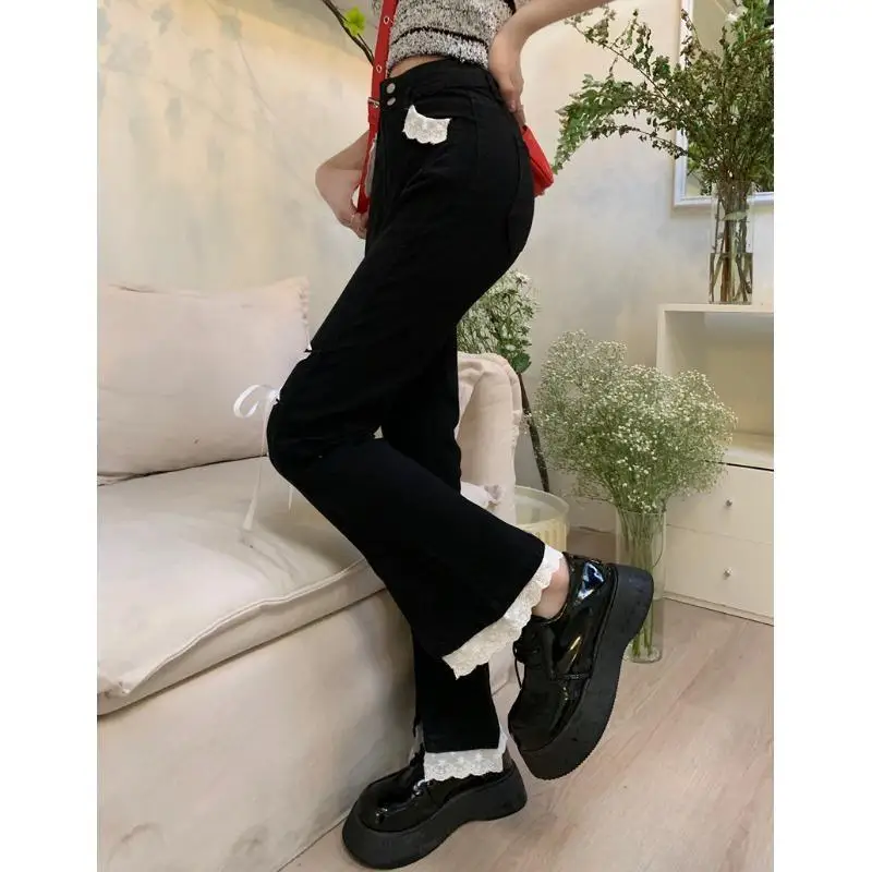 Black Vintage Fashion Flare Pants Women Patchwork Lace Elegant Designer Jeans Female Pockets Korean Casual Pants Autumn New