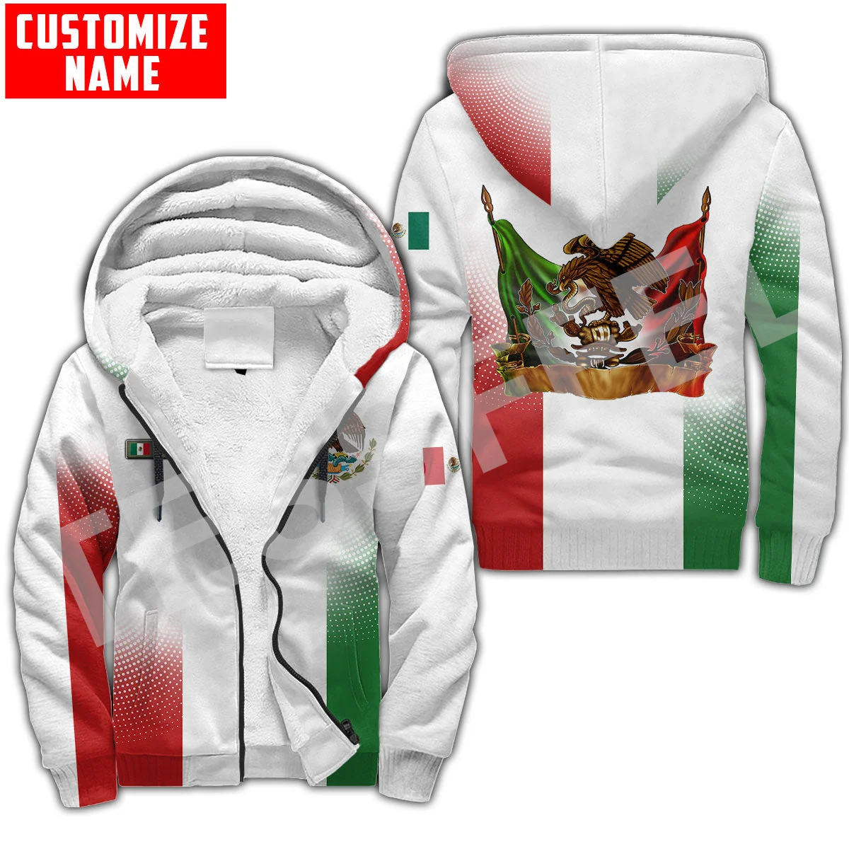 Mexico Proud Eagle Rooster Skull Country Custom Name Tattoo Thicker Winter Coat 3DPrint Men/Women Harajuku Warm Fleece Hoodies A