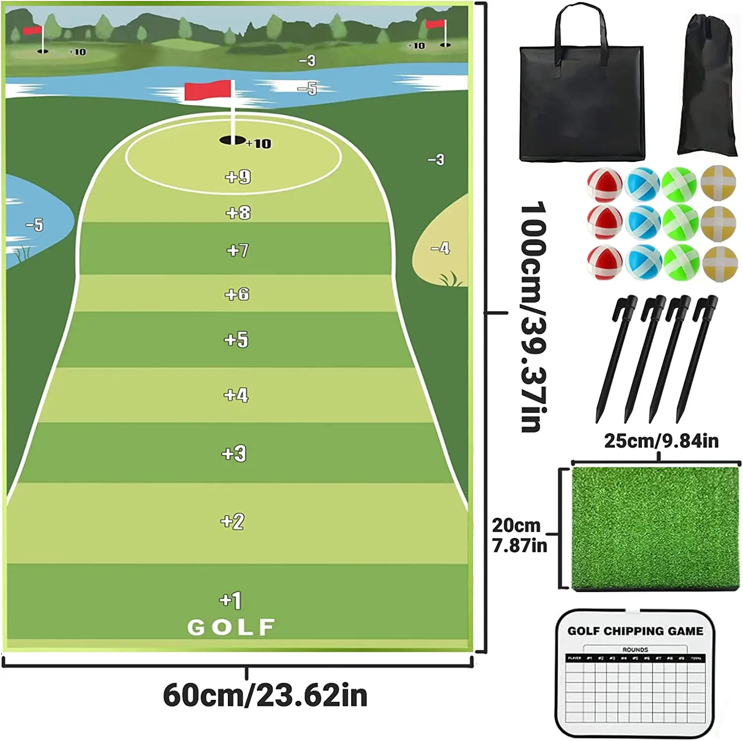 Golf Chipping Game Mat Indoor Outdoor Golf Games for Adults with Chipping Mat Sticky Balls Ground Stakes Score Card Storage Bags