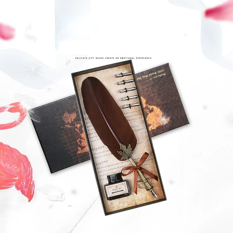 New Creative Craft Quill Pen Retro Inciso In Acciaio Inossidabile Dip Pen Signature Quill Pens Set Dip Feather Fountain Pens Confezione Regalo