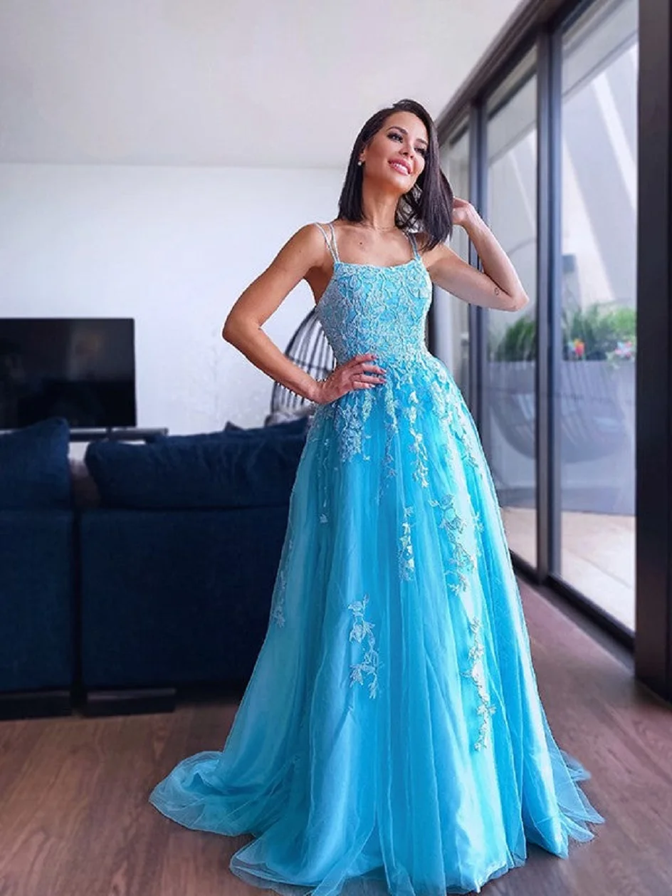 

A-Line Princess Spaghetti Straps Tulle Sleeveless Applique Prom Dresses 2024 A-line Evening Dress vestidos de fiesta elegantes