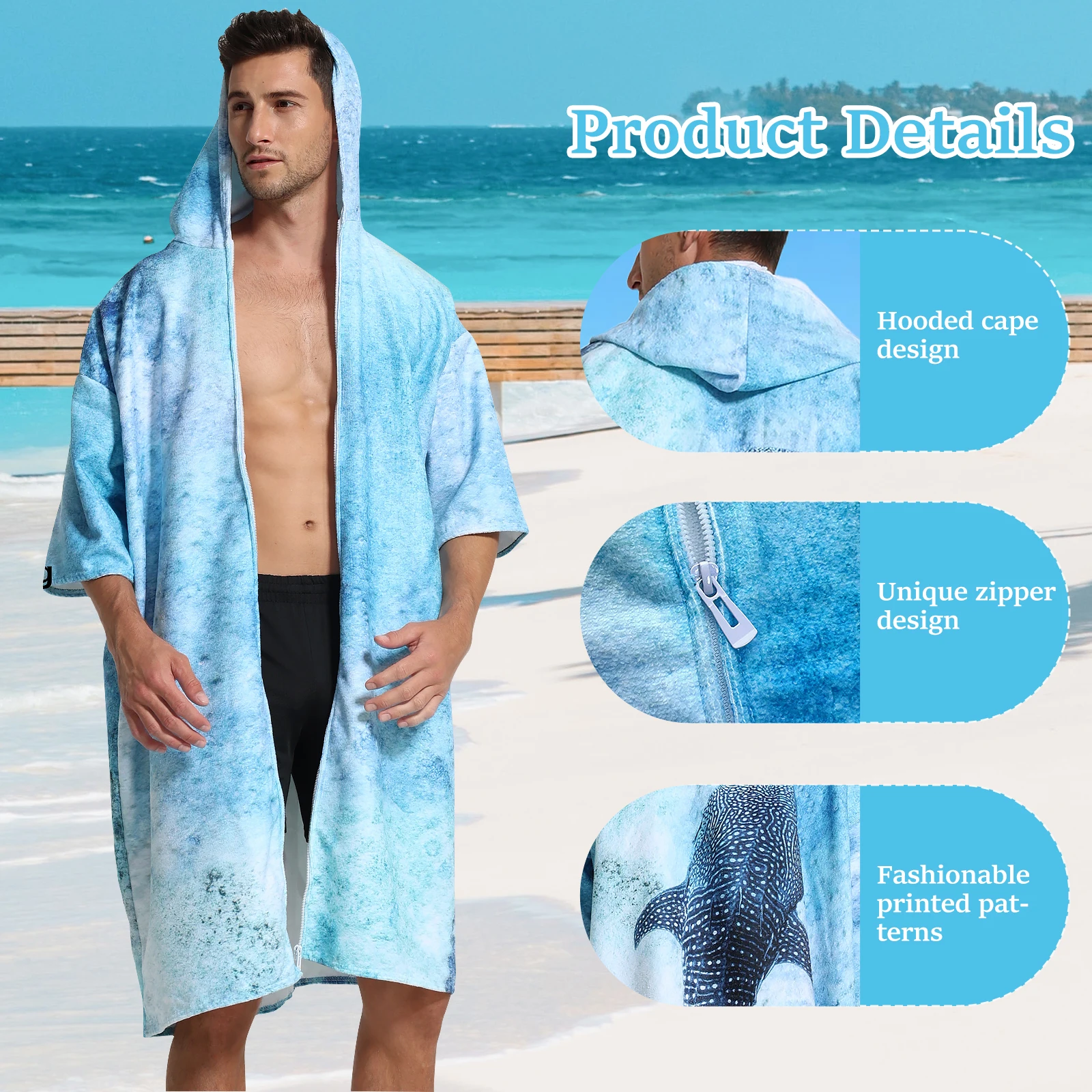 Hooded Towel Polyester Soft Hooded Changing Robe Quick Dry Cover Up Changing Towel Swim Robe Poncho for Men Women Beach Travel