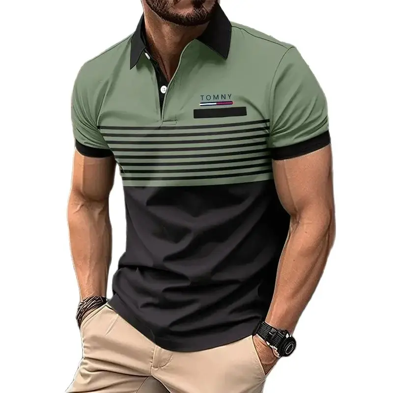 

New high quality summer men's fashion casual POLO shirt lapel button stripe patchwork T-shirt blazer print TOMNY