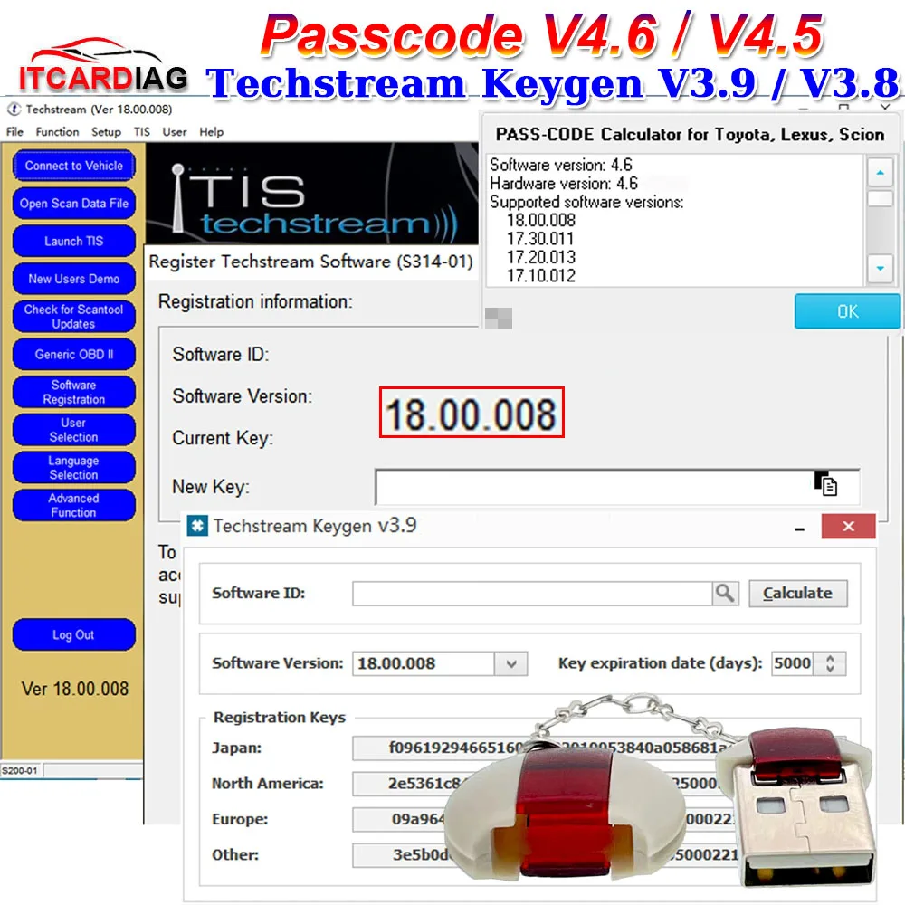 

PASSCODE V4.5/V4.6 for Techstream V18.00.008 Software Registration Keygen Calculator Smart Code Reset for Toyota/Scion/Lexus