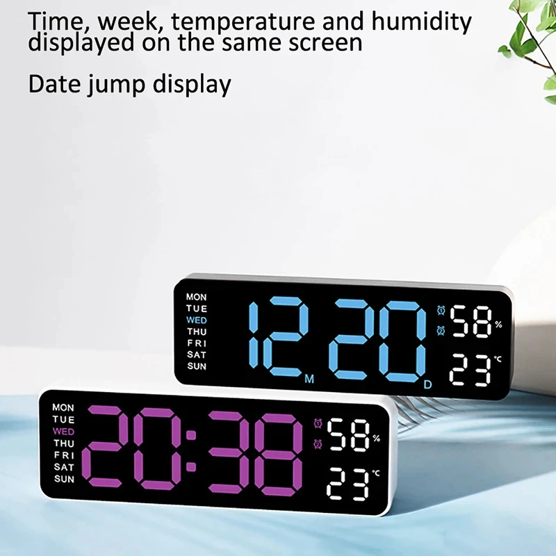 LED Digital Wall Clock Date Time Week Temperature Humidity Display Brightness Adjustable 2-Alarm Electronic Alarm Clock For Home