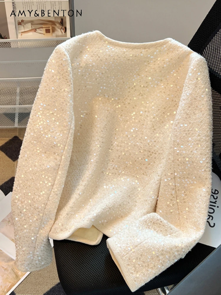 French Style Temperament High-Grade Sequined Single Breasted Short Jackets Spring New Loose Slim Round Neck Fashion Elegant Coat