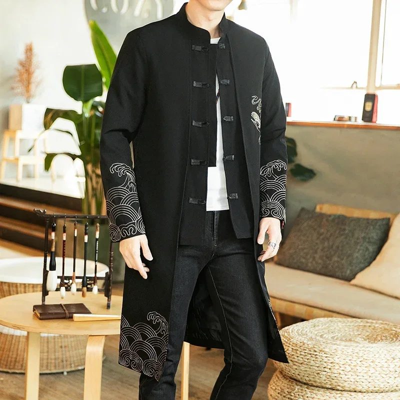Chinese Style Long Windbreaker Jacket Men Streetwear Oriental Clothes Hip Hop Mandarin Jacket Coat