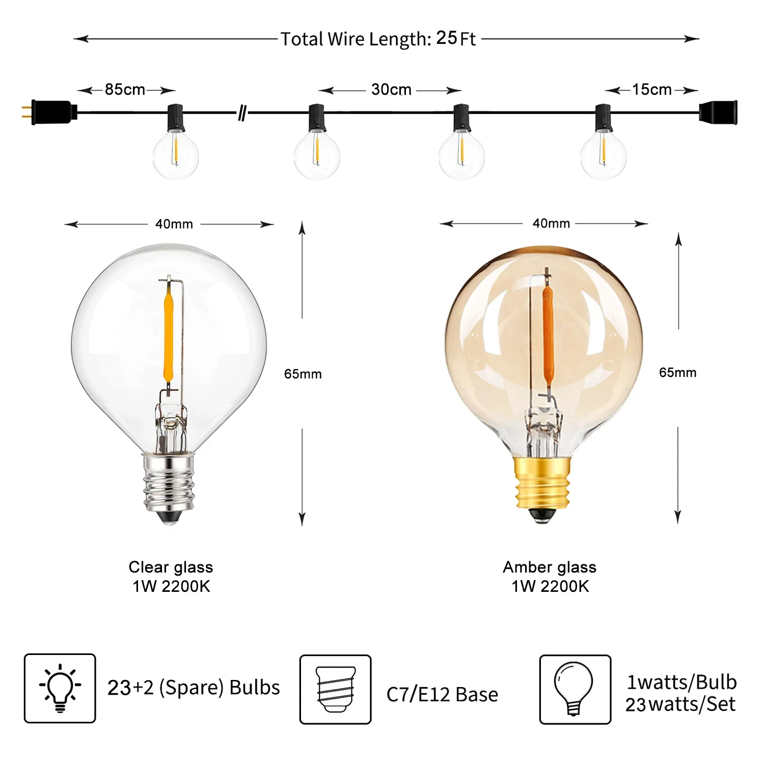 25FT 야외 글로브 G40 LED 문자열 빛 IP44 Waterpoof Dimmable 파티 웨딩 장식 연결 가능한 EU 플러그 갈 랜드 요정 빛