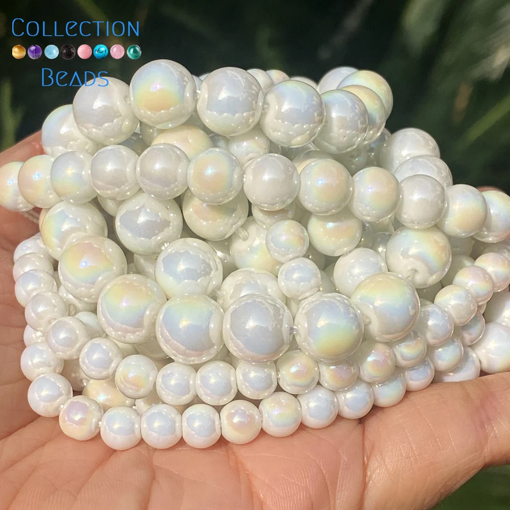 도예DIY 행운의 고양이 동물 애니메이션 세라믹 루즈 비즈, 쥬얼리 제작 DIY 팔찌, 귀걸이, 목걸이용 도자기 구슬 9 주얼리 제작용 천연 스톤 비즈, AB 도금 흰색 도자기 라운드 스페이서 비즈, DIY 수제 팔찌 목걸이, 15 인치, 6mm, 8mm, 10mm