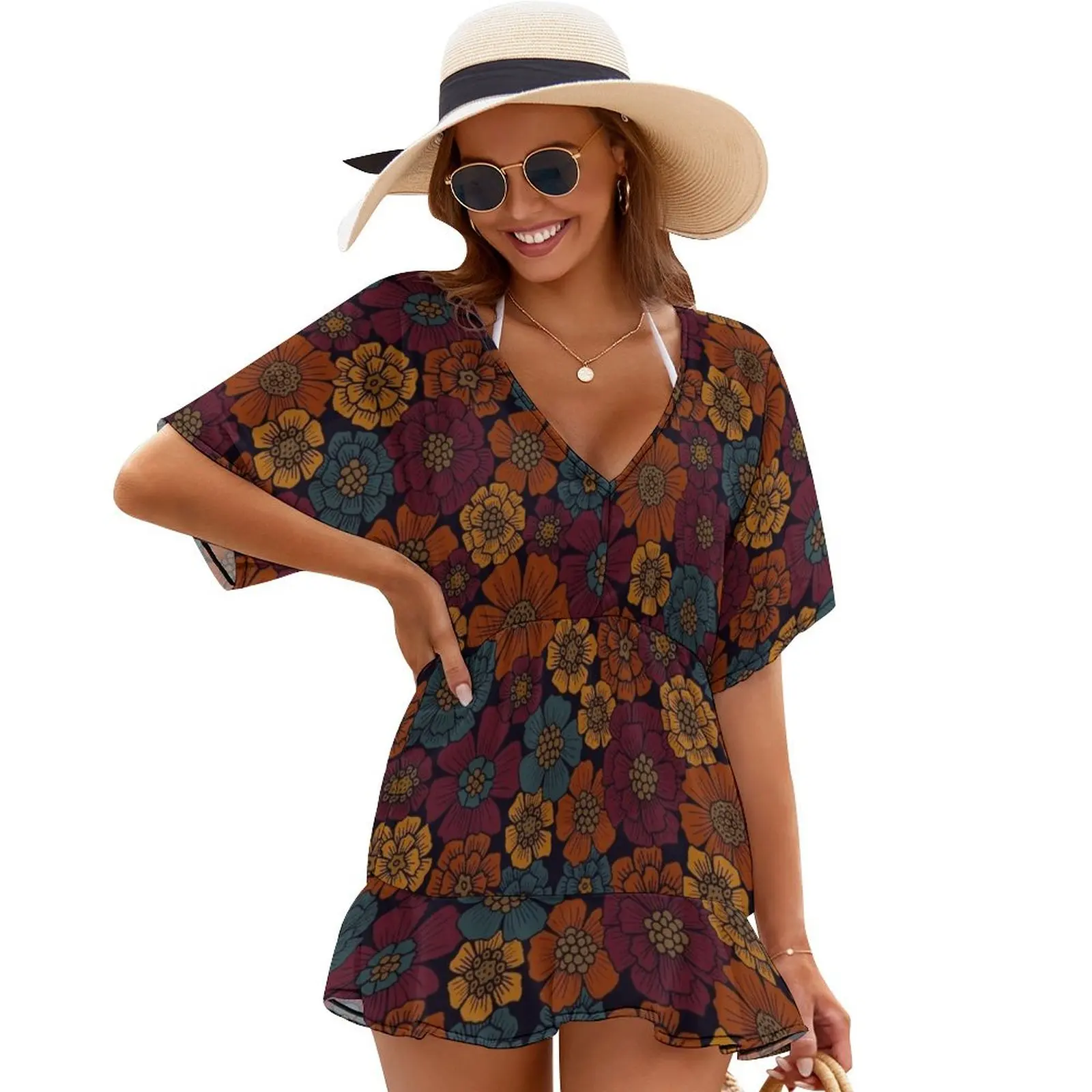 

Dark Burgundy, Teal & Mustard Floral Cover Ups Party dresses for women chic and elegant woman dress