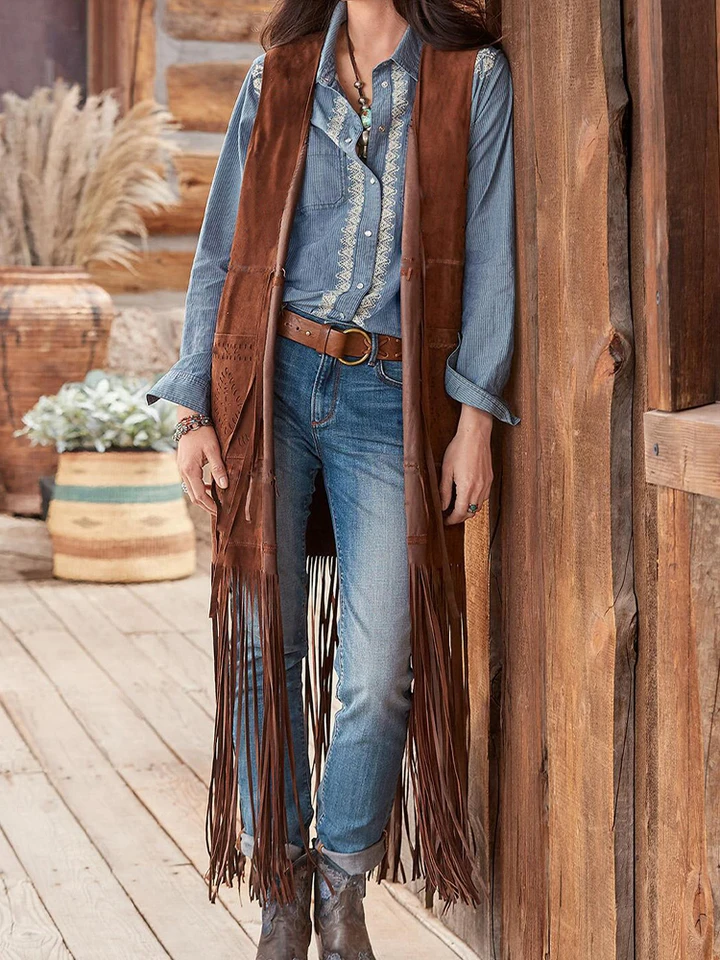 Fringe lange kwast open voorkant mouwloos losse jaren '70 hippie vest effen kleur patch zak cowboy cosplay kopen vanaf een prijs van 16