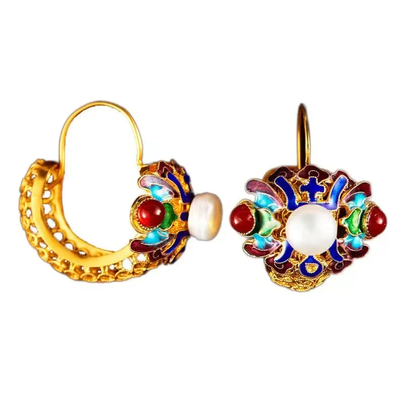 Chinoiserie Chinese Style Vintage Enamel Copper Alloy Filigree Shou Figure Earrings for Women Party Hanfu Cheongsam Wedding Gift