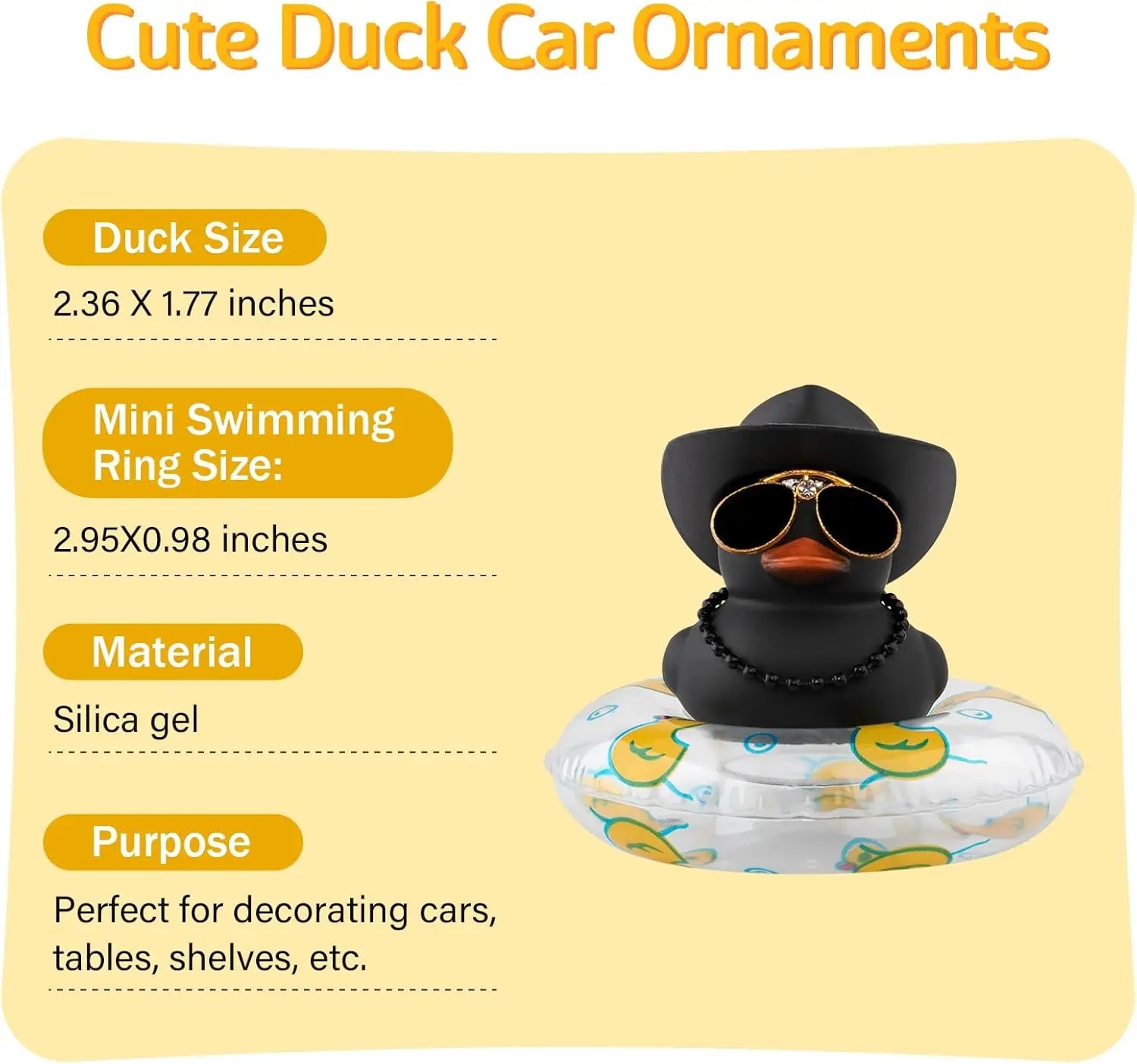 Car Dashboard Black Rubber Duck Ornament, Car Decoration Colour Ducks Accessories with Mini Hat Necklace and Sunglasses Rubber D 2