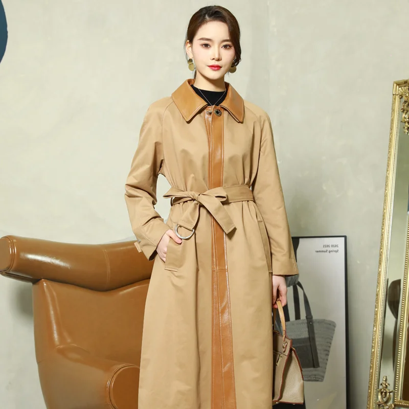 

2024 New Spring Women's Windbreaker Mid length Solid Sheepskin Spliced Coat with Waistband Leather Coat Korean Version