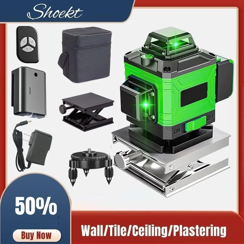 4D 12 /16 Line Green Light High-precision Automatic Line-laying Stick To The Wall Laser Level Instrument Tile Construction Tools laser level