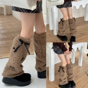 Bow Furs Leg Warmer Winter Furry Long Boot Cuffs Fuzzy Shoe Cover Party Costume for Holiday Festival Performances Play