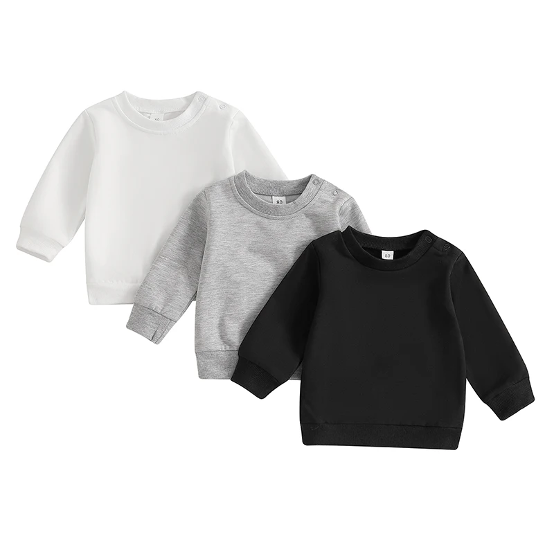 3 Pcs Baby Toddler Boy Sweatshirts Solid Color Crew Neck Long Sleeve Pullover Tops Fall Clothes
