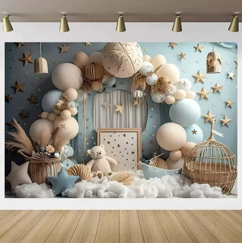 Colorful Balloon Teddy Bear Birthday Party Banner and Baby Shower Photography Backdrop