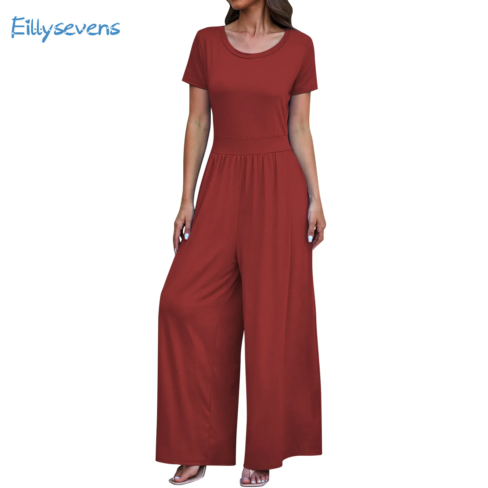 

Jumpsuits For Women Causal Loose Wide Leg Jumpsuits Round Collar Short Sleeves Tops Comfy Stretchy Solid Color Jumpsuits