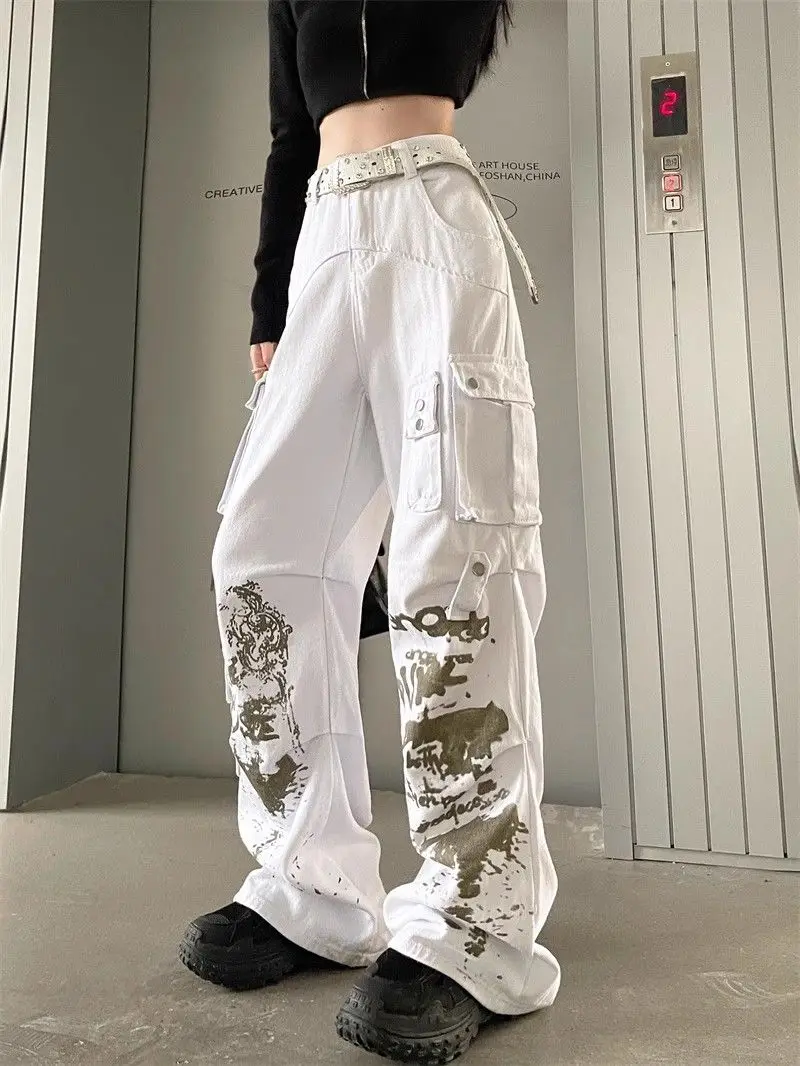 Overalls Multi-Pocket Pleated Women White Print Graphic Baggy Harajuku Oversize Denim Trousers Y2k Jean Pants Vintage Jeans