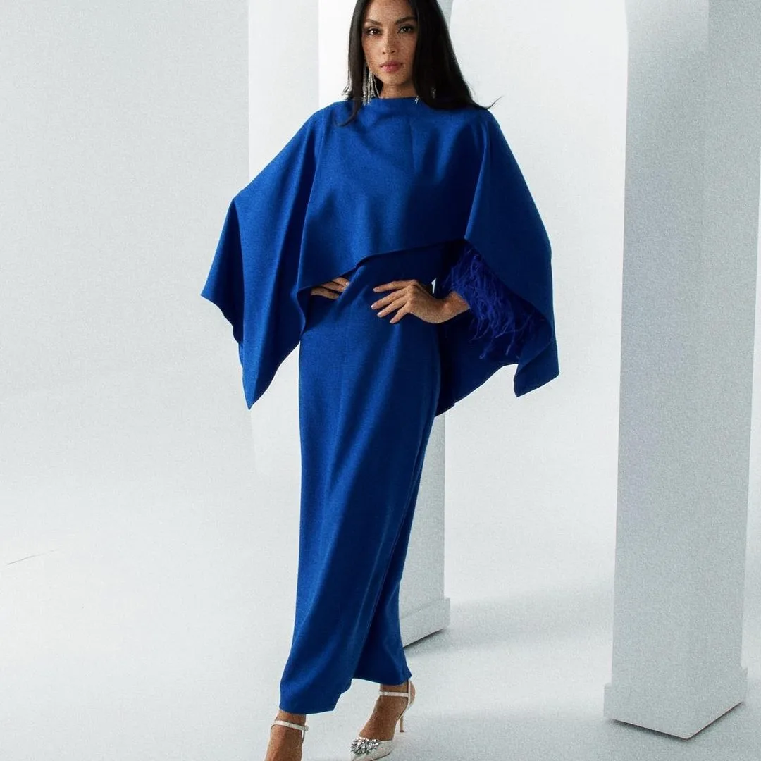 

2023 Simple Deep Blue O-neck Feather Prom Dress Full Sleeve Ankle Length Back Cape Suadi Arabia Evening Party فساتين السهرة